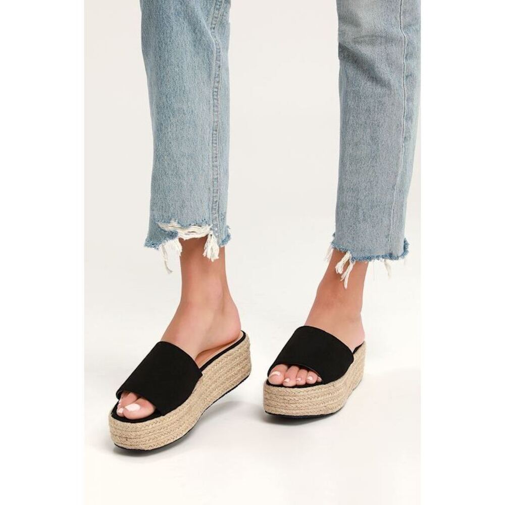 Lulus O'ahu 2 Black Suede Espadrille Flatforms - Size 7